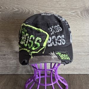 Black Military- Style Cap with "I'm The Boss" Embroidered Patches
